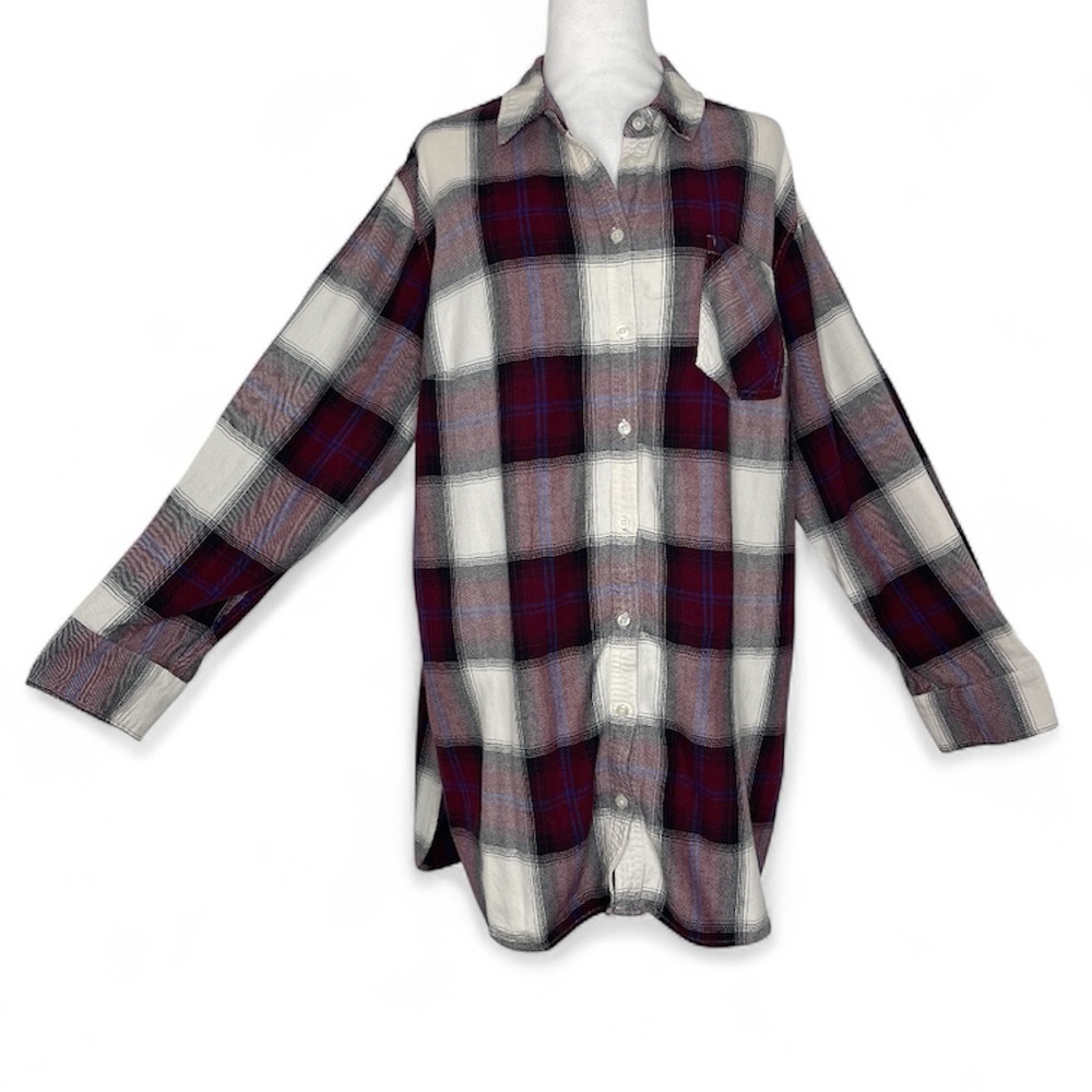 Ava & Viv Burgundy White Plaid Button Down Long Sleeve Pocket Shirt Cozy 2X